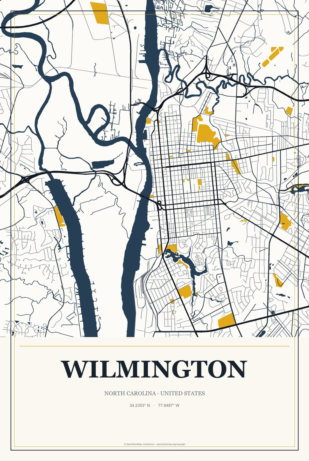 Wilmington, North Carolina City Map Aluminum Sign in Citrine Modern style