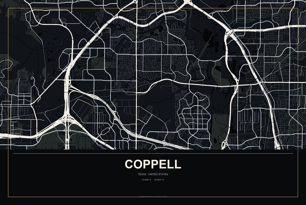 Coppell, Texas City Map Aluminum Sign in Metropolitan Noir style