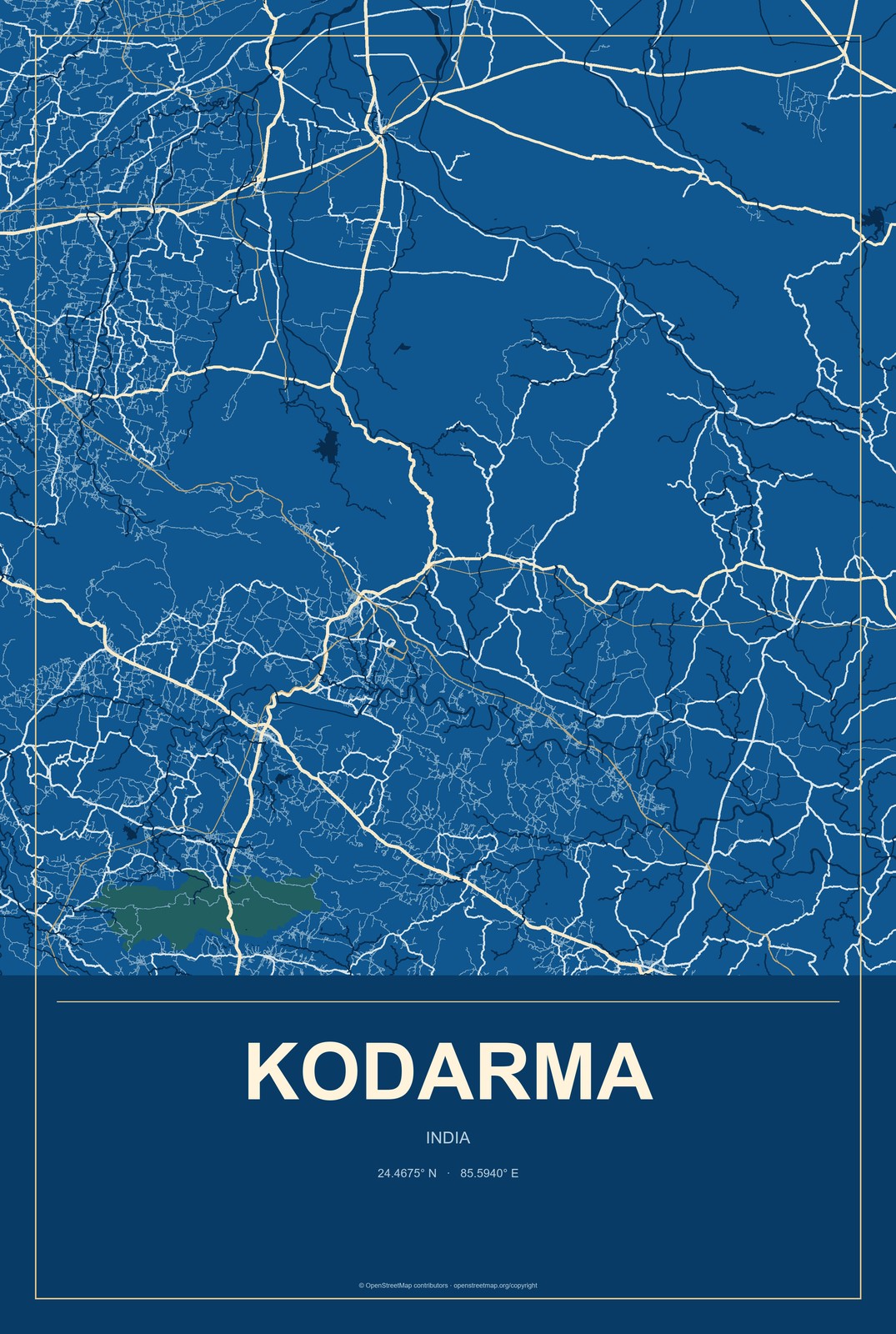 Kodarma, India City Map Aluminum Sign in Harbor Cobalt style