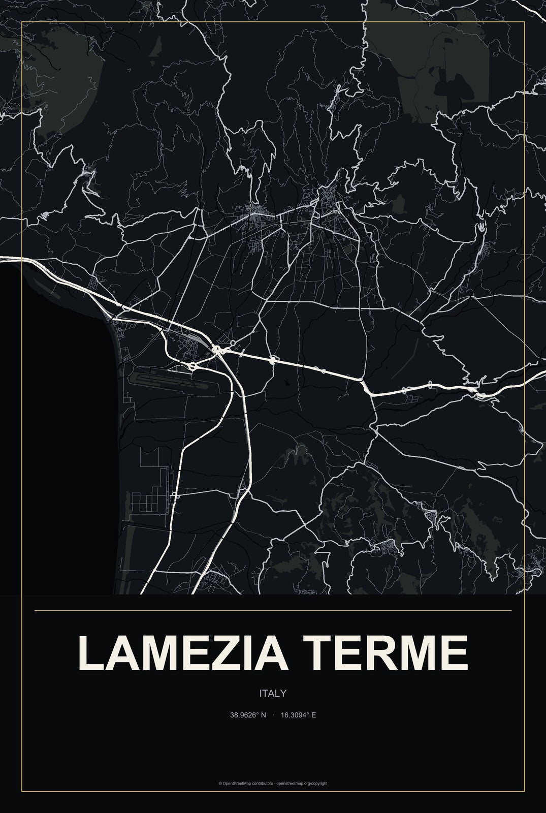 Lamezia Terme, Italy City Map Aluminum Sign in Metropolitan Noir style