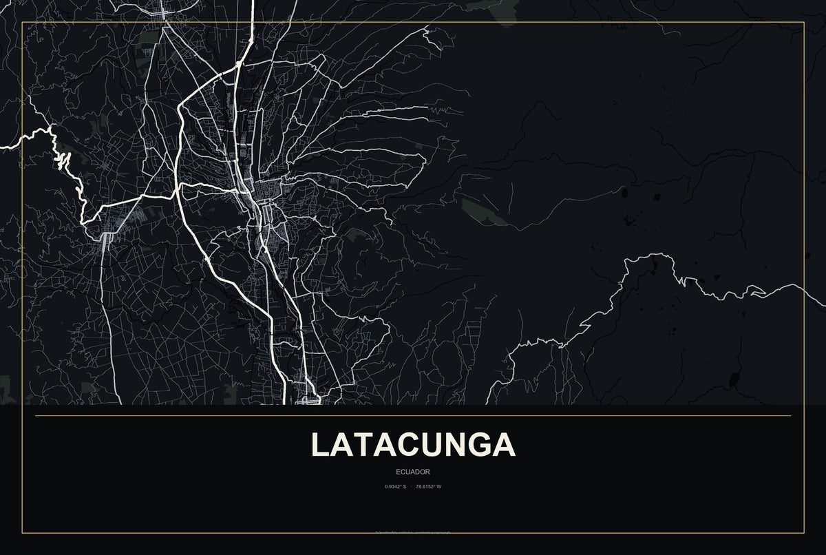 Latacunga, Ecuador City Map Aluminum Sign in Metropolitan Noir style