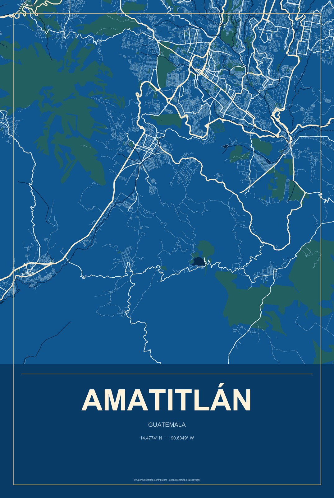 Amatitlán, Guatemala City Map Aluminum Sign in Harbor Cobalt style