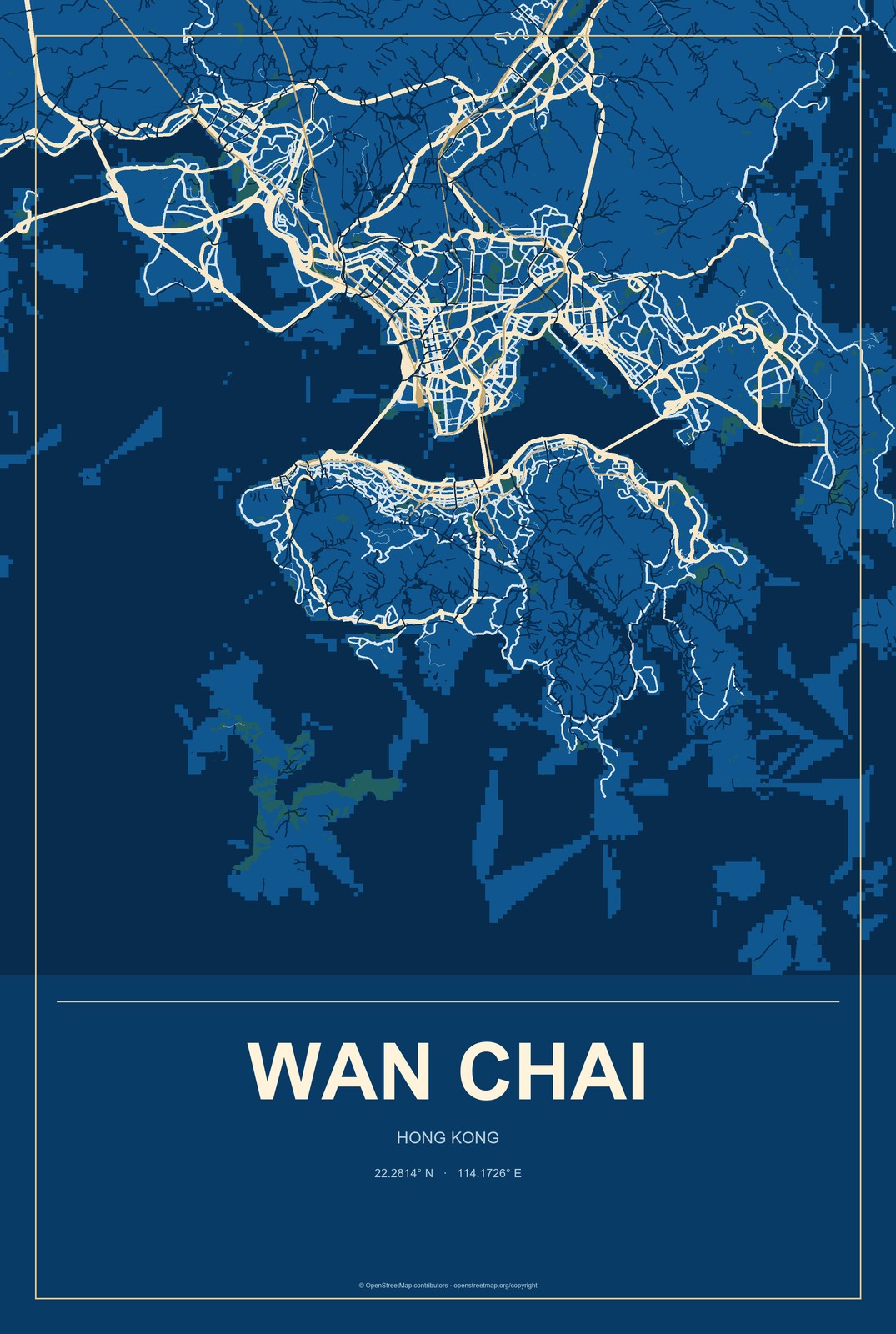 Wan Chai, Hong Kong City Map Aluminum Sign in Harbor Cobalt style