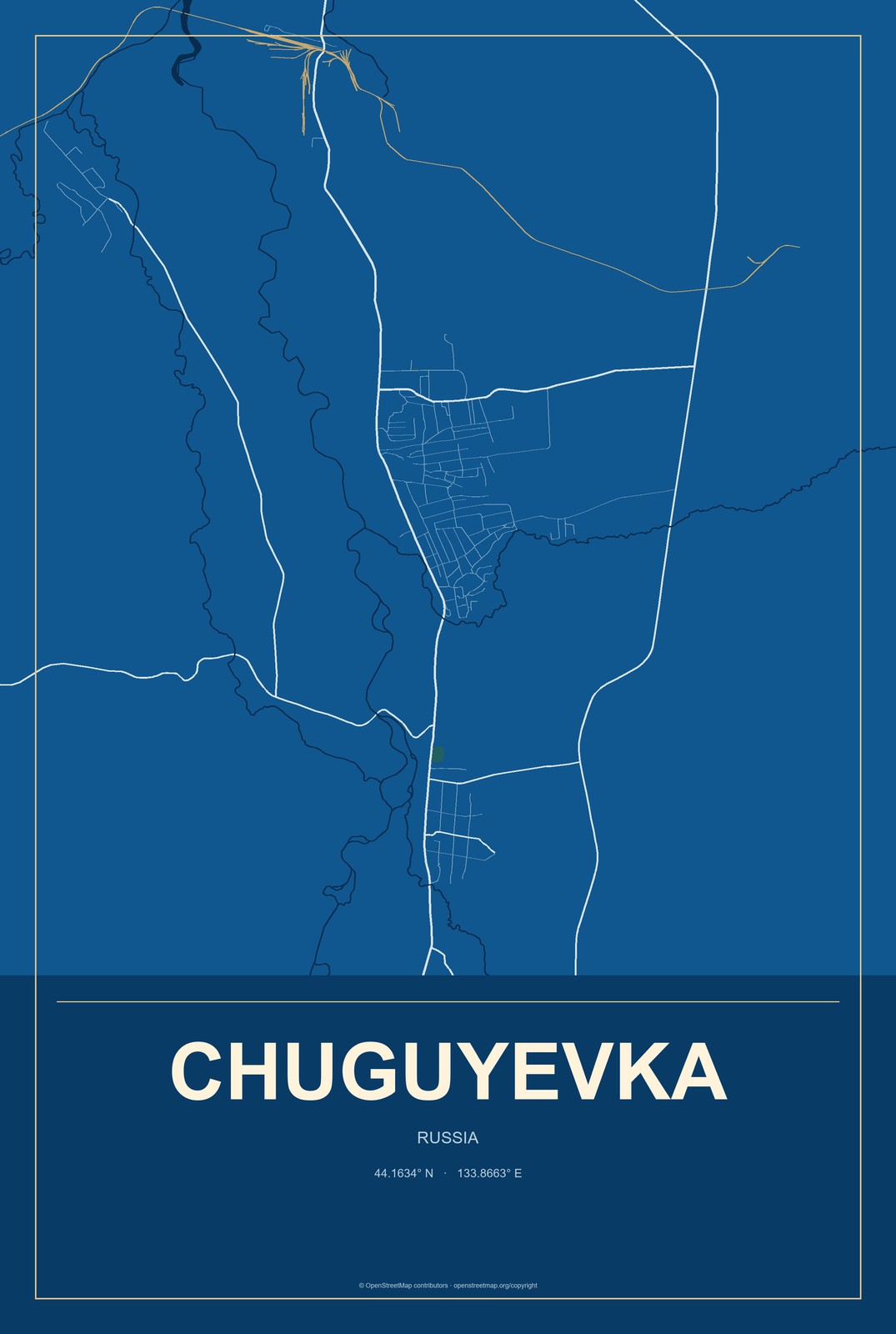 Chuguyevka, Russia City Map Aluminum Sign in Harbor Cobalt style