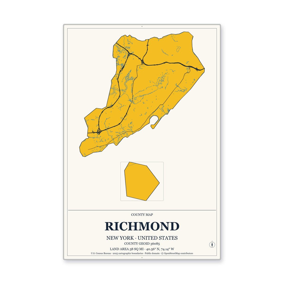 Richmond County, New York Map Aluminum Sign in Citrine Modern style
