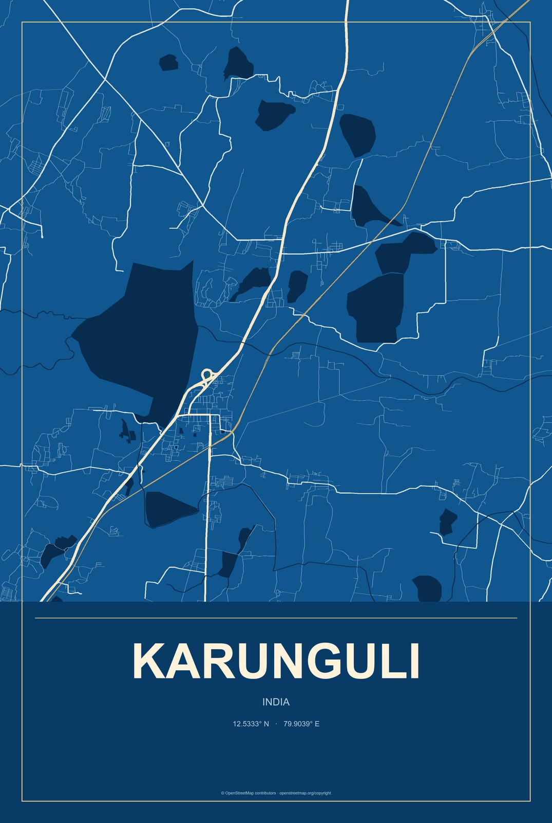 Karunguli, India City Map Aluminum Sign in Harbor Cobalt style