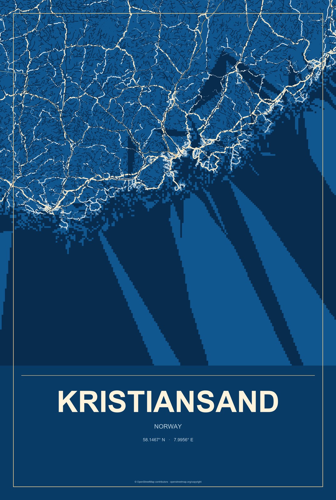 Kristiansand, Norway City Map Aluminum Sign in Harbor Cobalt style