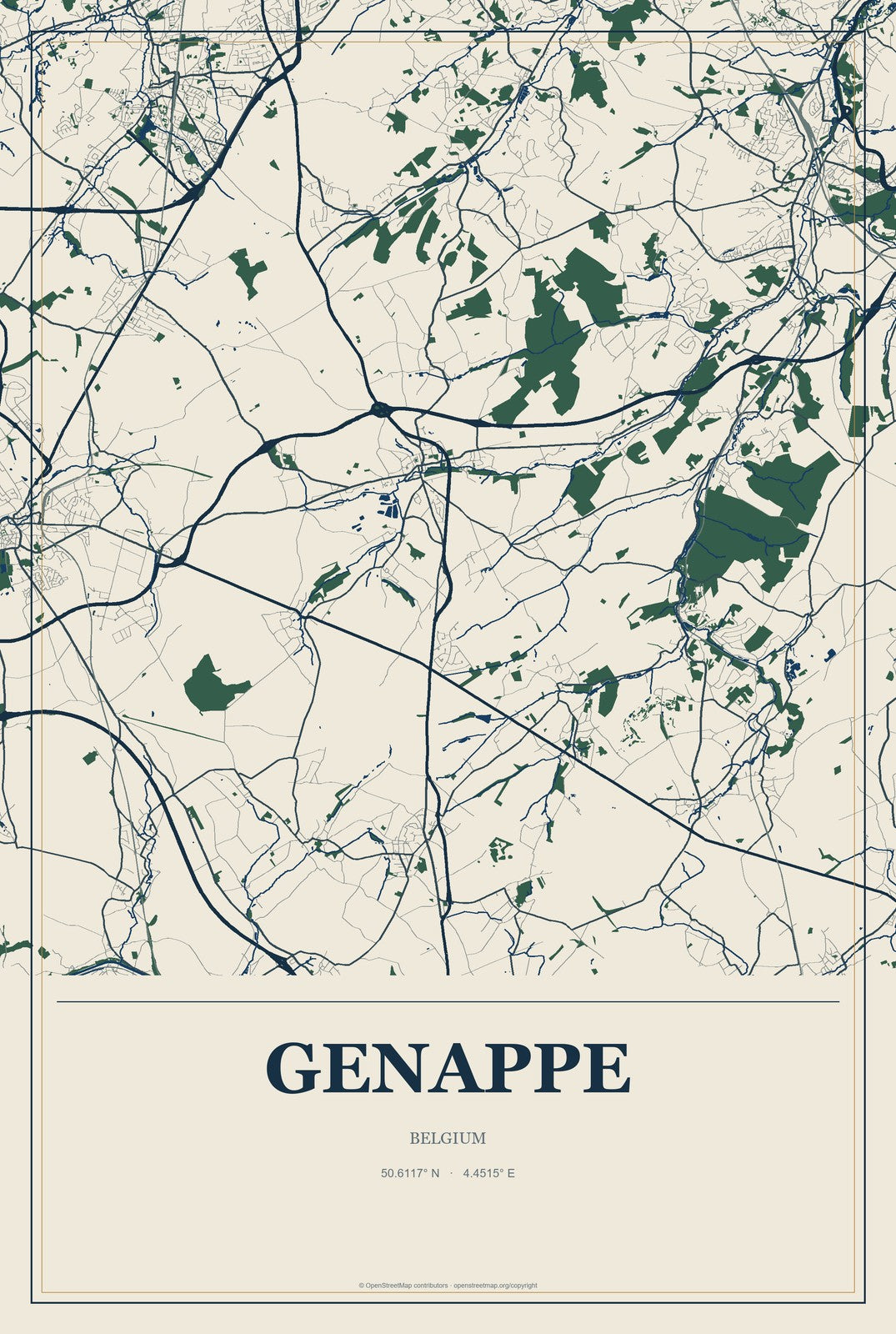 Genappe, Belgium City Map Aluminum Sign in Coastal Cutout style