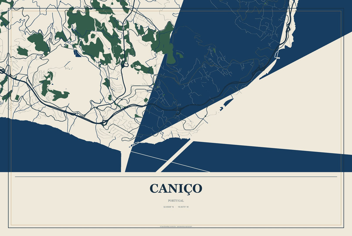 Caniço, Portugal City Map Aluminum Sign in Coastal Cutout style