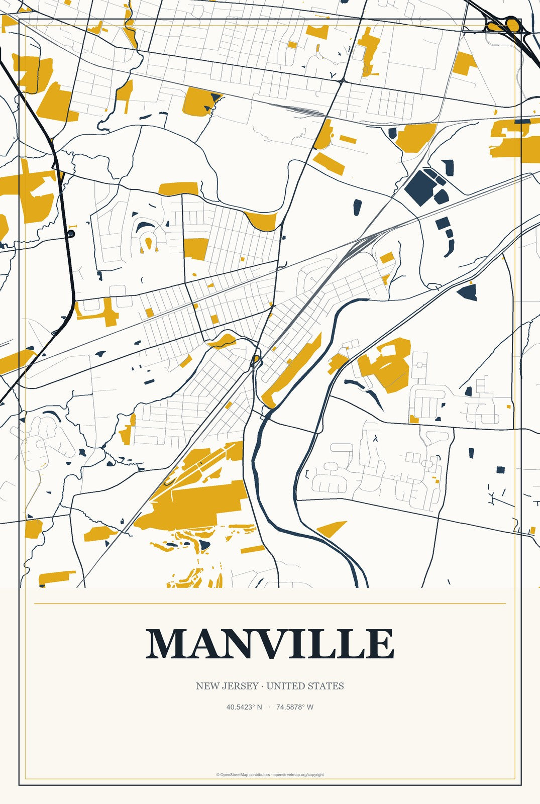 Manville, New Jersey City Map Aluminum Sign in Citrine Modern style