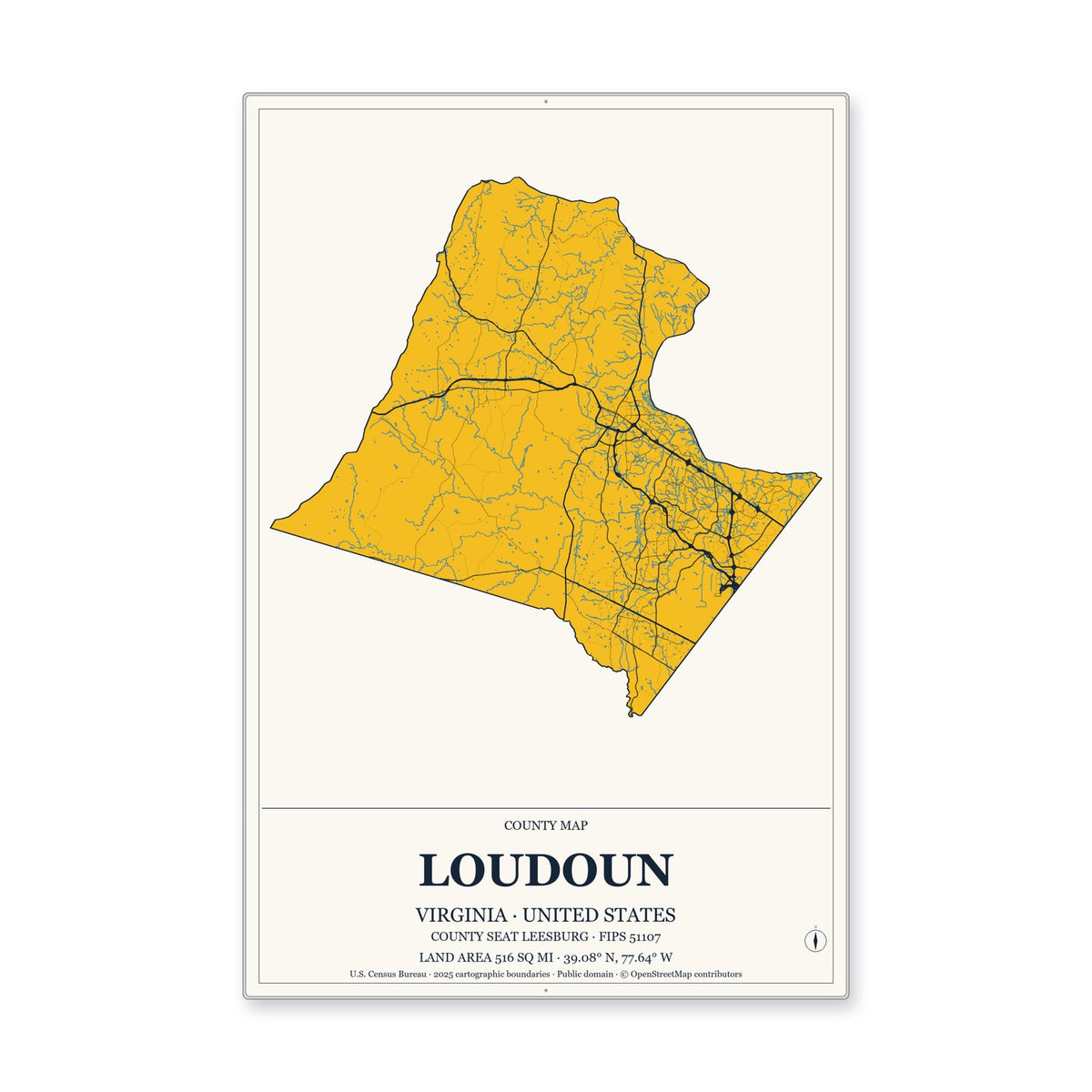 Loudoun County, Virginia Map Aluminum Sign in Citrine Modern style