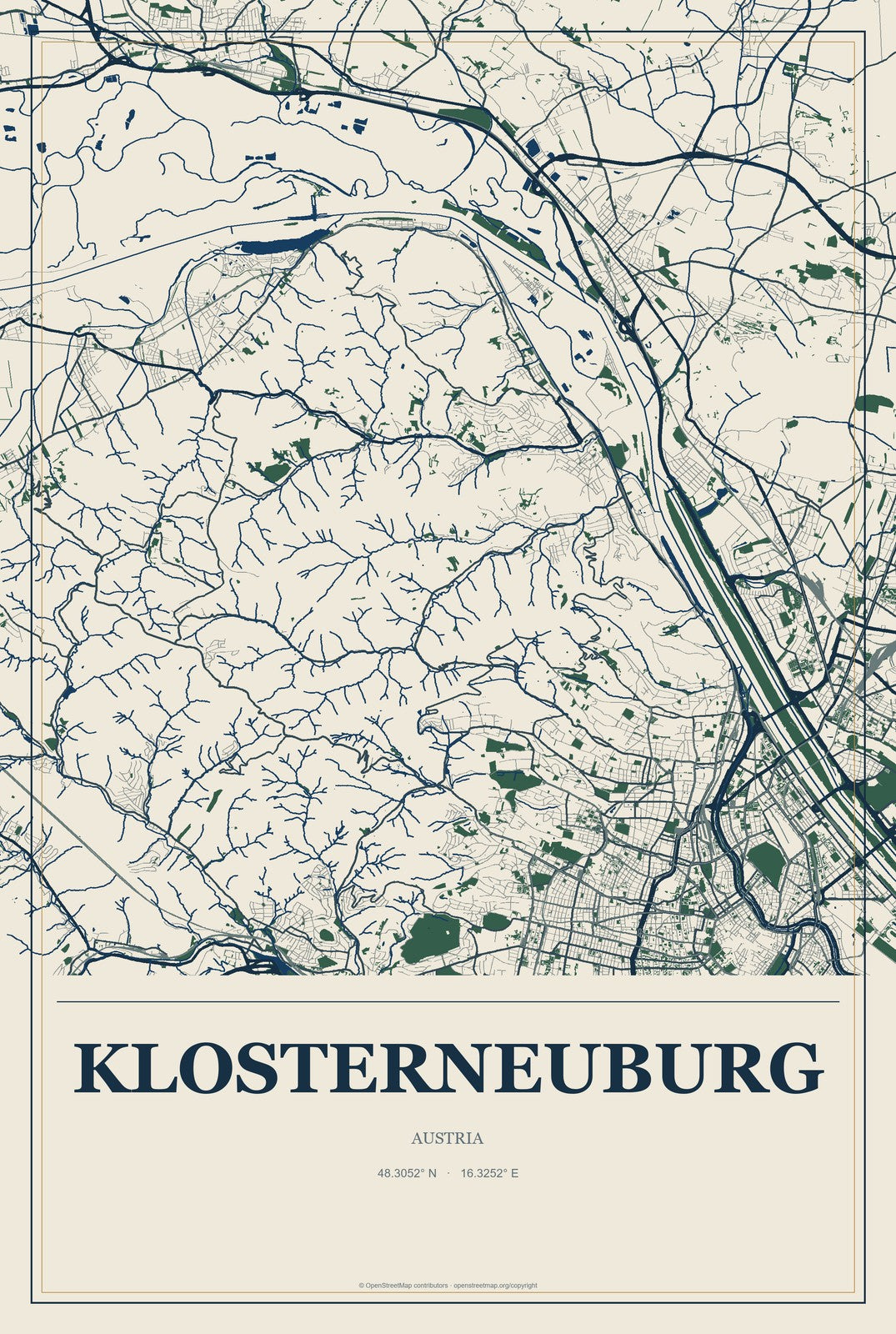Klosterneuburg, Austria City Map Aluminum Sign in Coastal Cutout style