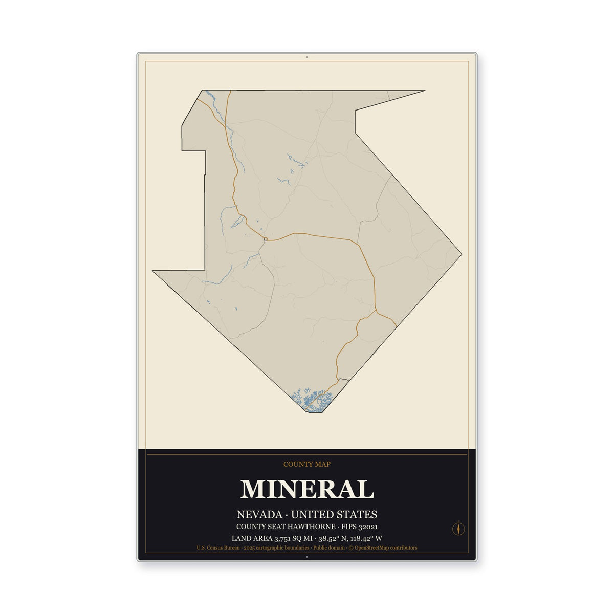 Mineral County, Nevada Map Aluminum Sign in Museum Plaque style