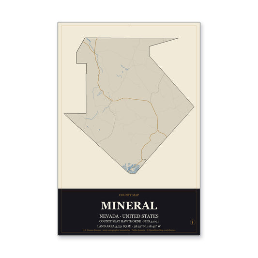Mineral County, Nevada Map Aluminum Sign in Museum Plaque style