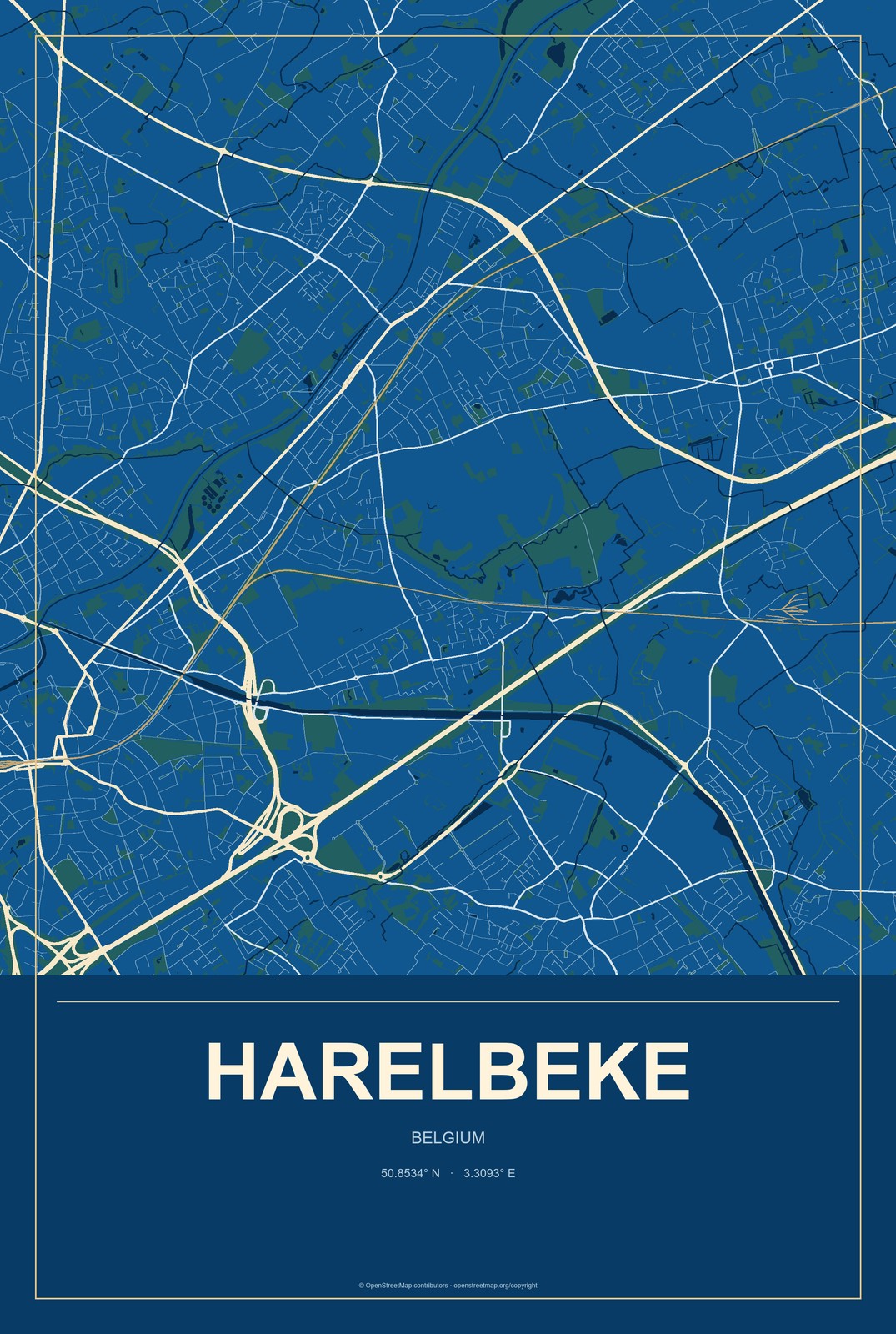 Harelbeke, Belgium City Map Aluminum Sign in Harbor Cobalt style