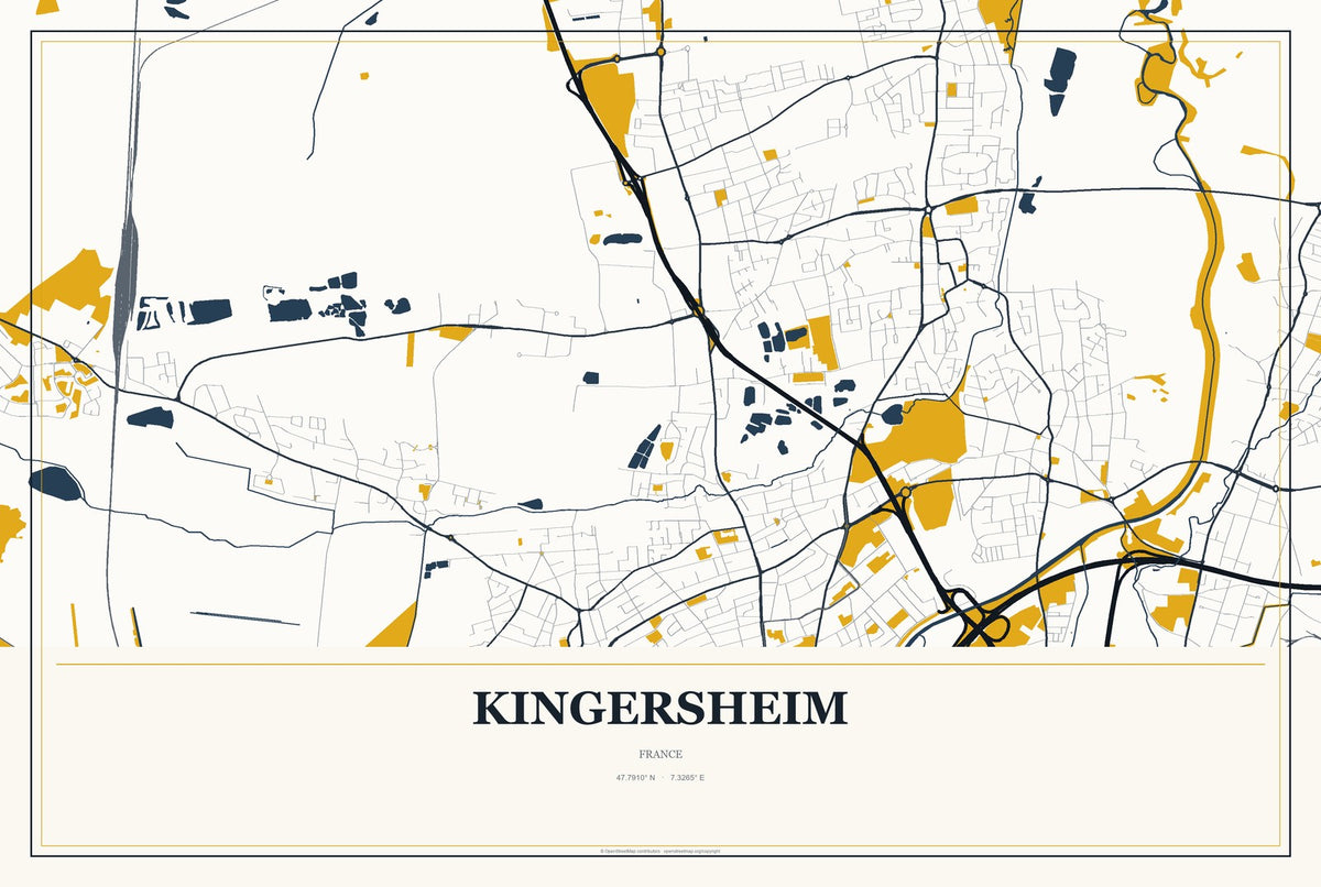Kingersheim, France City Map Aluminum Sign in Citrine Modern style