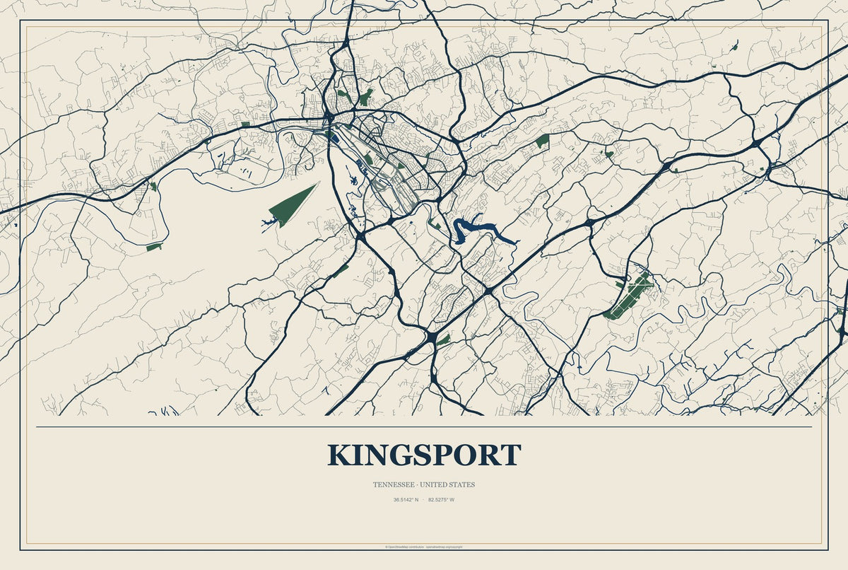 Kingsport, Tennessee City Map Aluminum Sign in Coastal Cutout style
