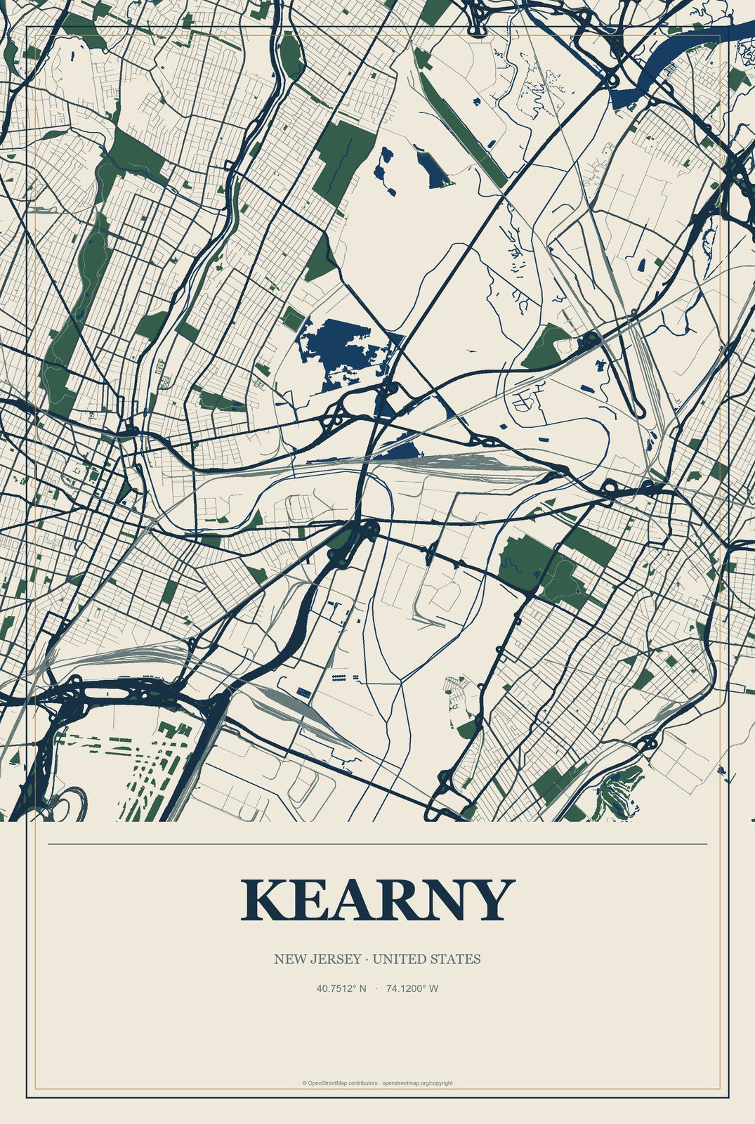 Kearny, New Jersey City Map Aluminum Sign in Coastal Cutout style