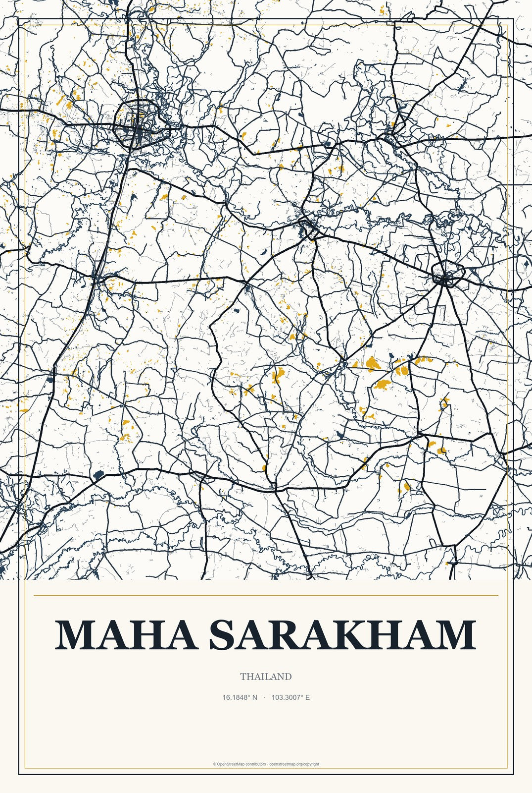 Maha Sarakham, Thailand City Map Aluminum Sign in Citrine Modern style