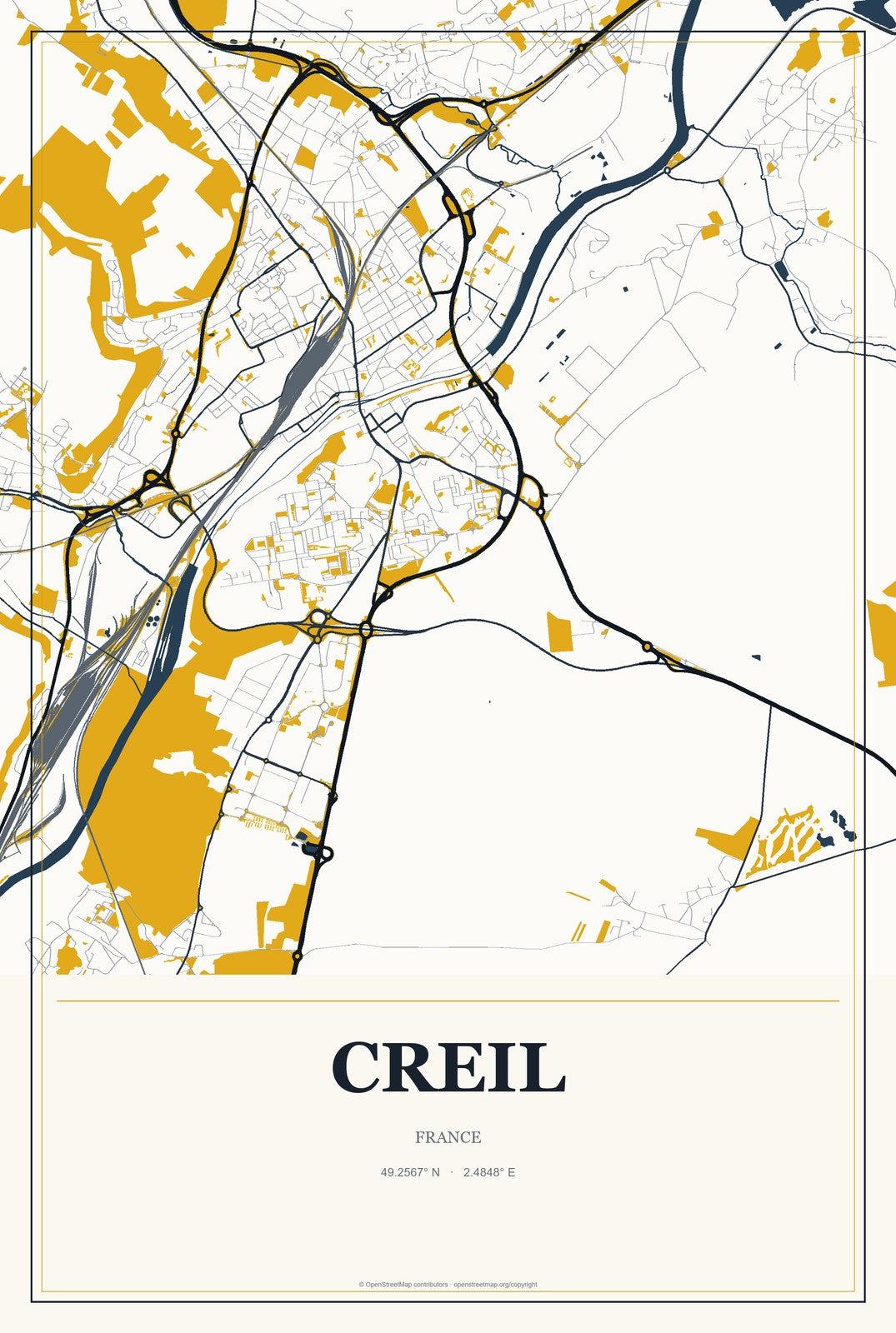 Creil, France City Map Aluminum Sign in Citrine Modern style