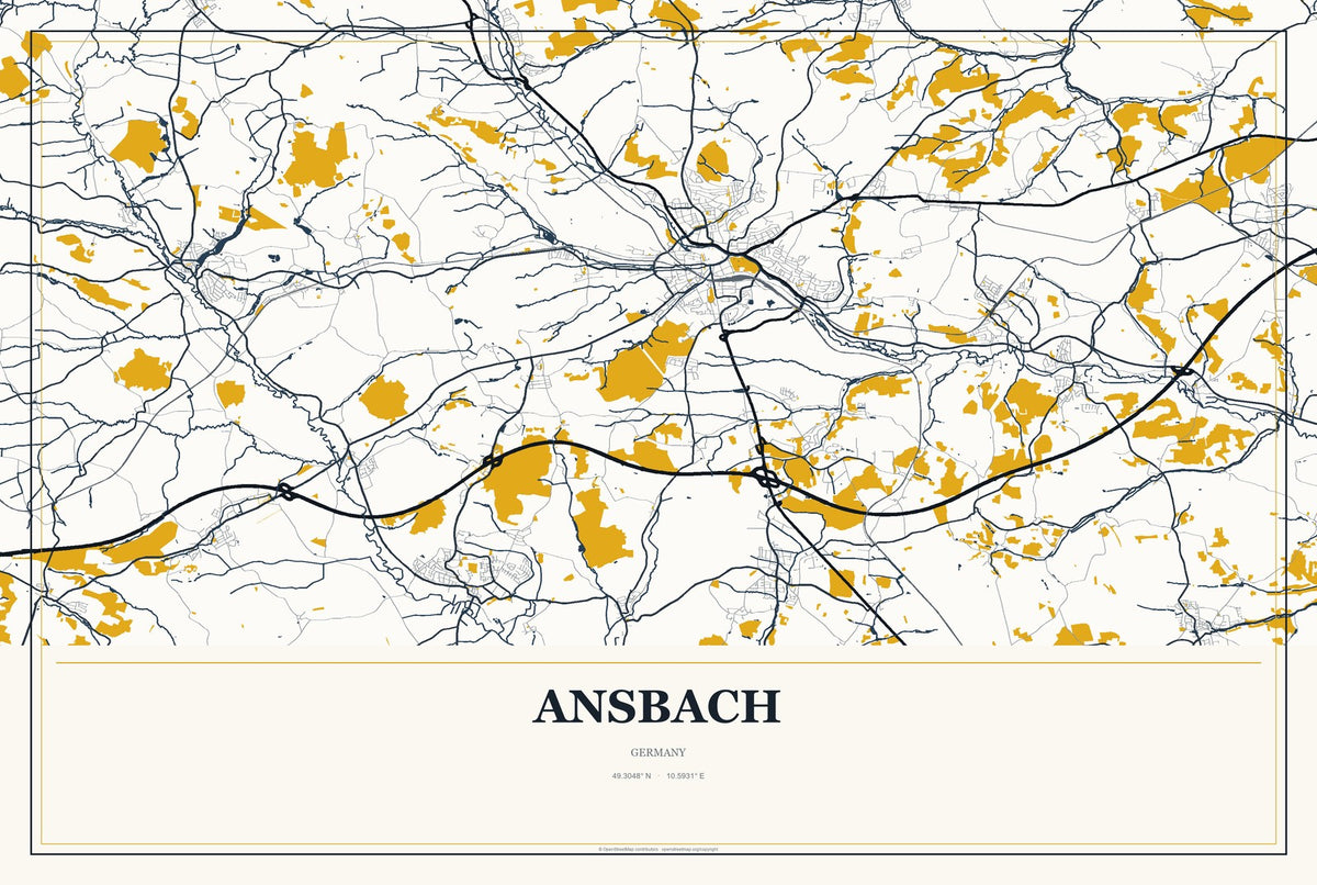 Ansbach, Germany City Map Aluminum Sign in Citrine Modern style