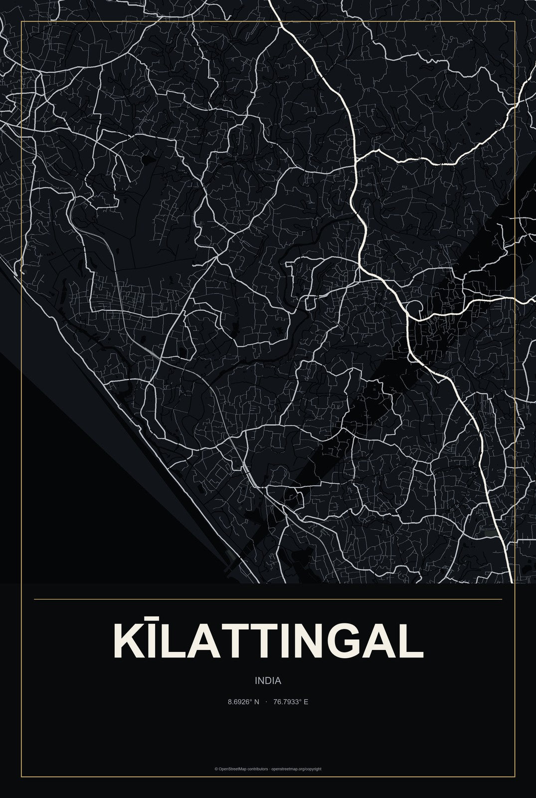 Kīlattingal, India City Map Aluminum Sign in Metropolitan Noir style