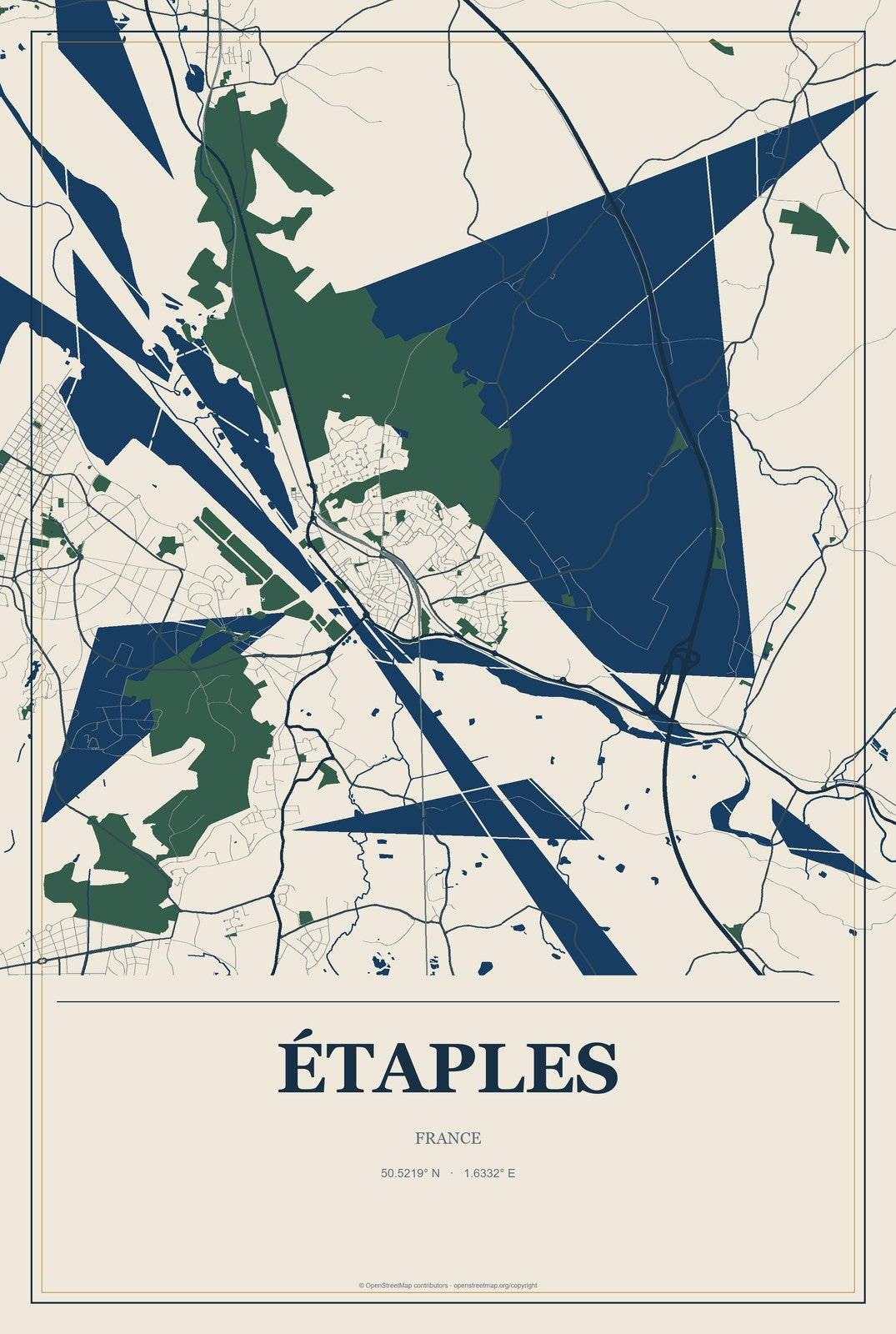 Étaples, France City Map Aluminum Sign in Coastal Cutout style