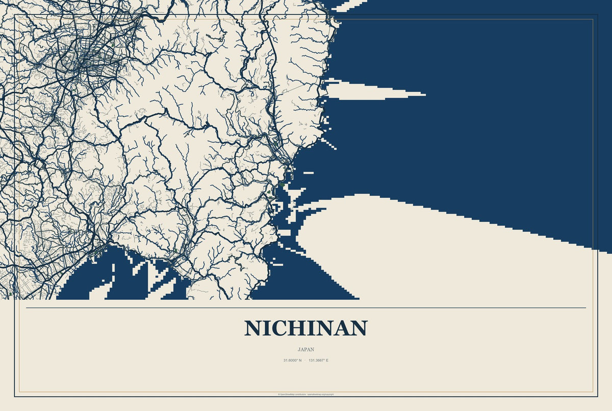 Nichinan, Japan City Map Aluminum Sign in Coastal Cutout style