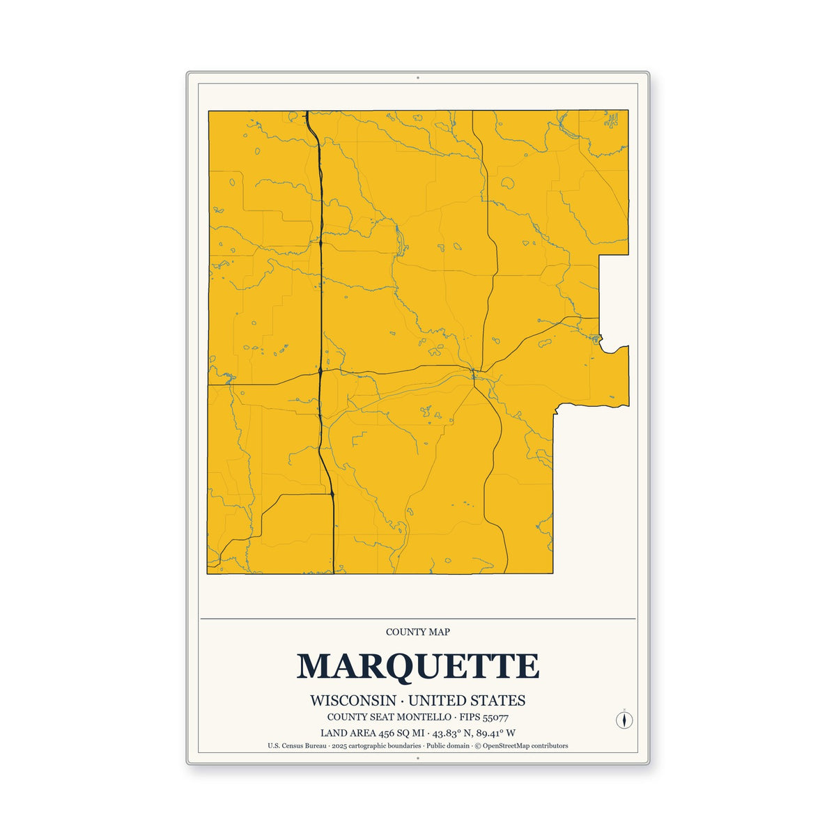 Marquette County, Wisconsin Map Aluminum Sign in Citrine Modern style