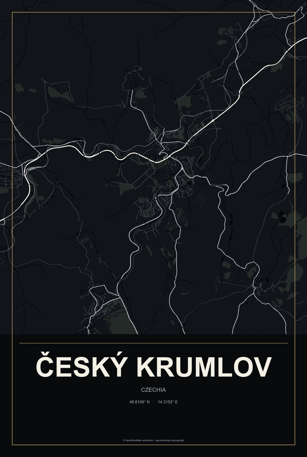 Český Krumlov, Czechia City Map Aluminum Sign in Metropolitan Noir style