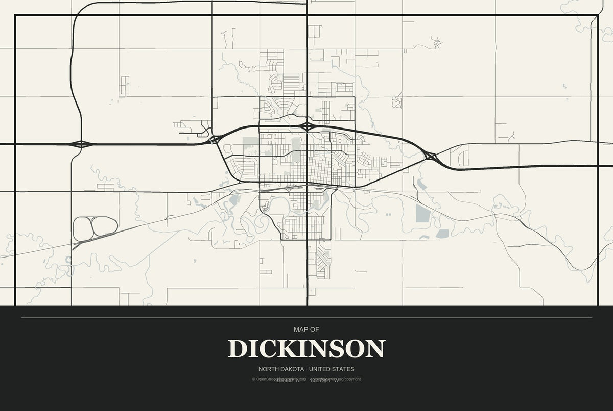 Dickinson, North Dakota City Map Aluminum Sign in Museum Plaque style
