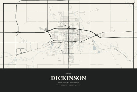 Dickinson, North Dakota City Map Aluminum Sign in Museum Plaque style