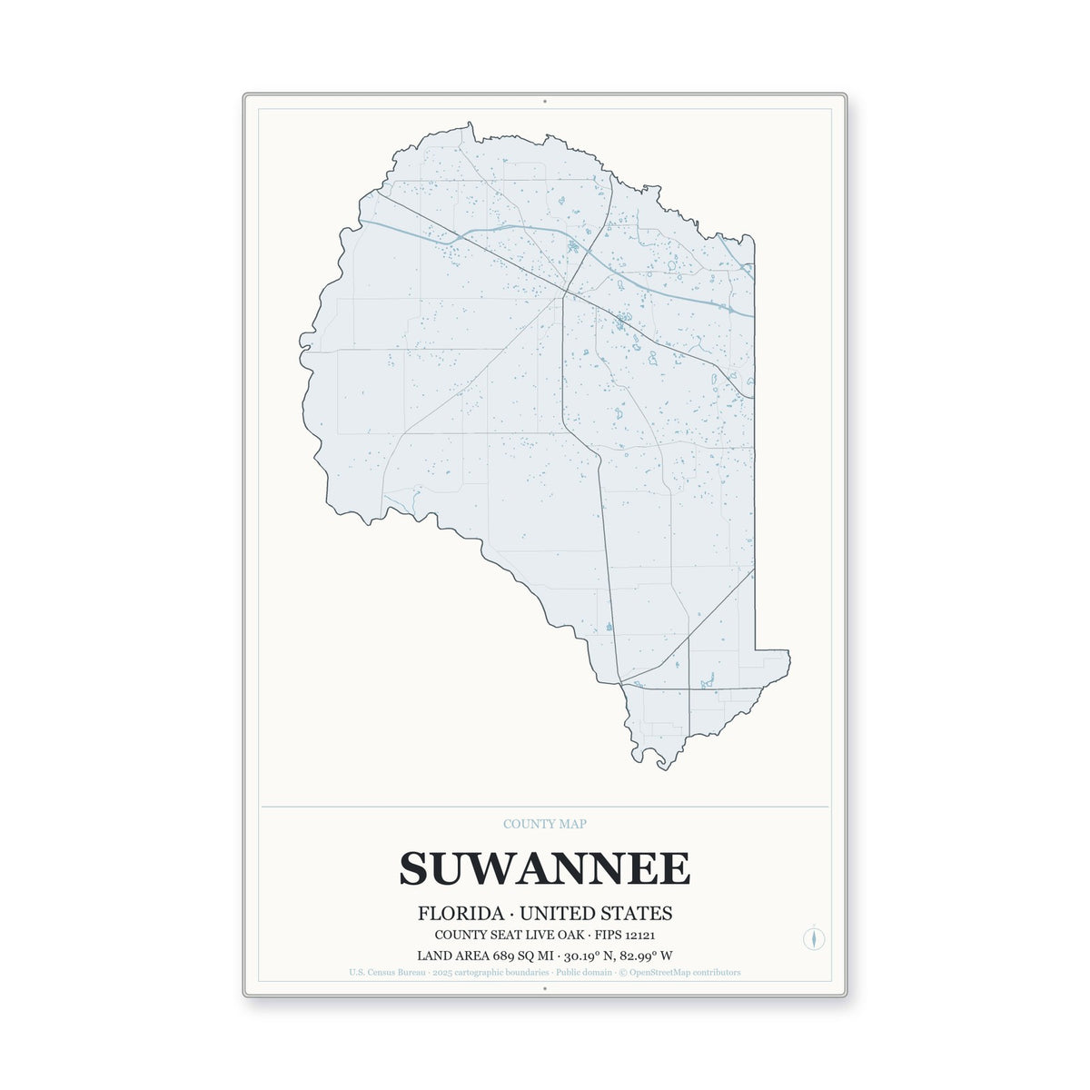 Suwannee County, Florida Map Aluminum Sign in Gallery Air style