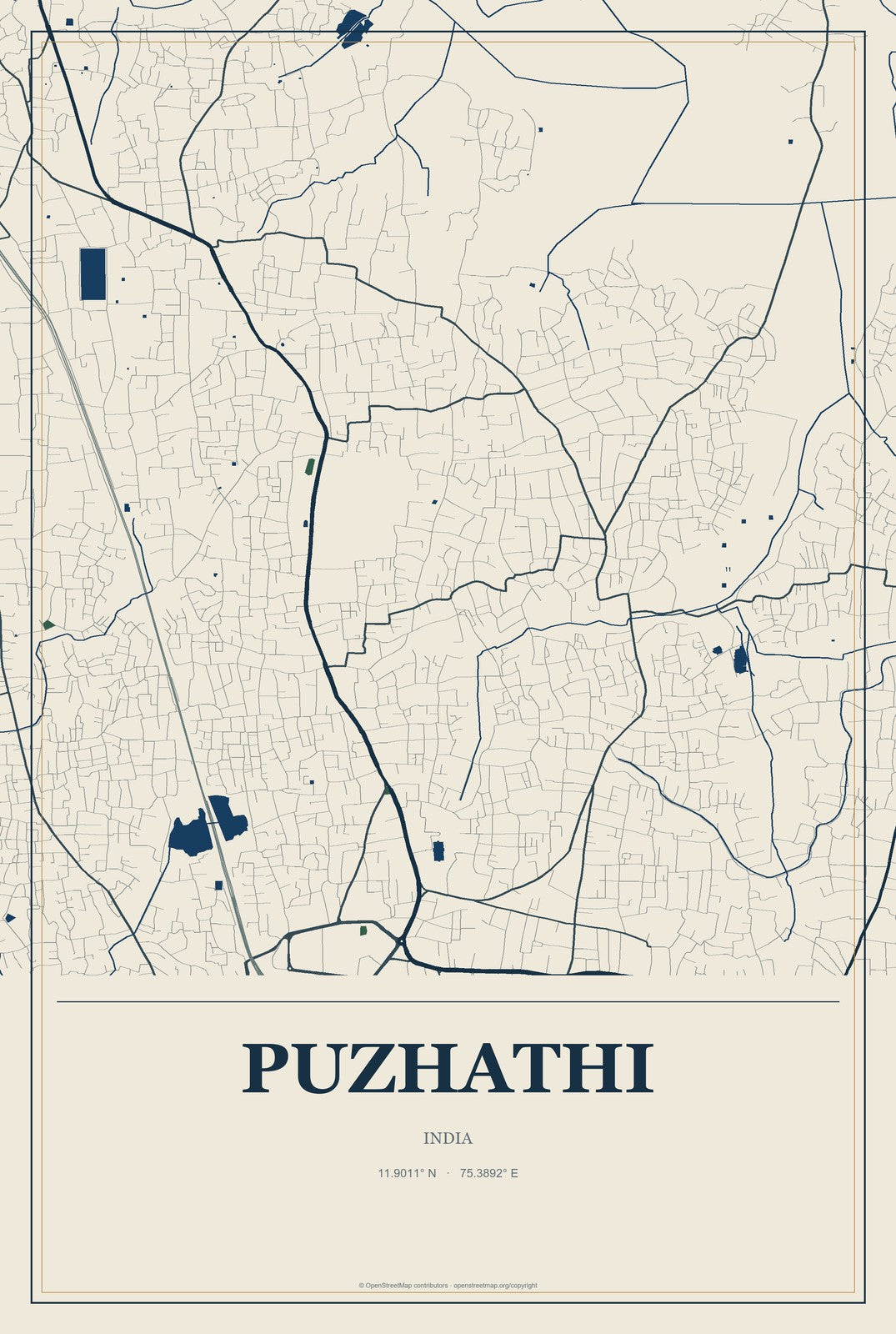 Puzhathi, India City Map Aluminum Sign in Coastal Cutout style