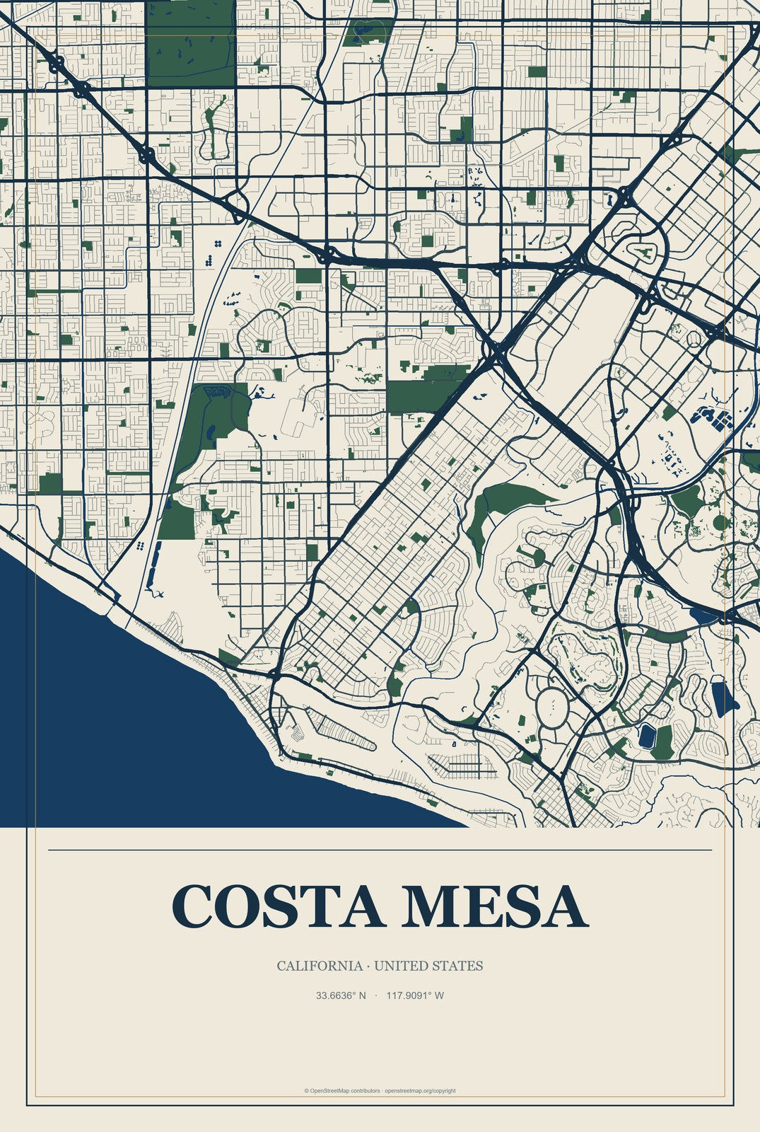 Costa Mesa, California City Map Aluminum Sign in Coastal Cutout style