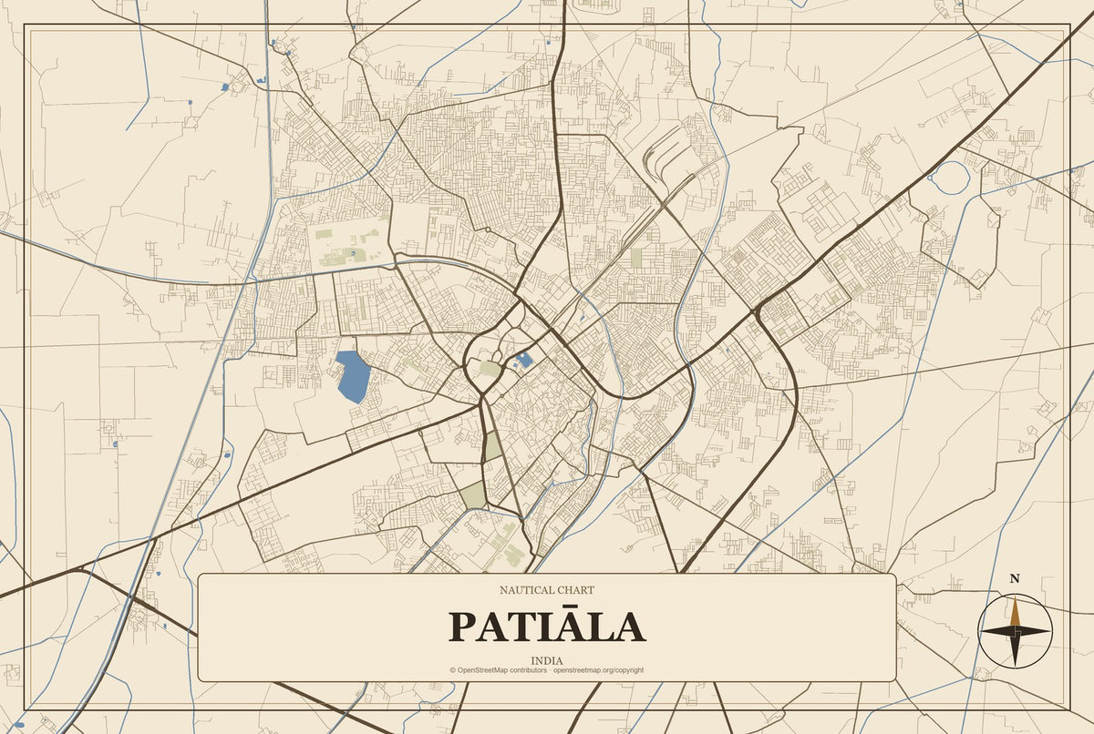 Patiāla, India City Map Aluminum Sign in Heritage Nautical style