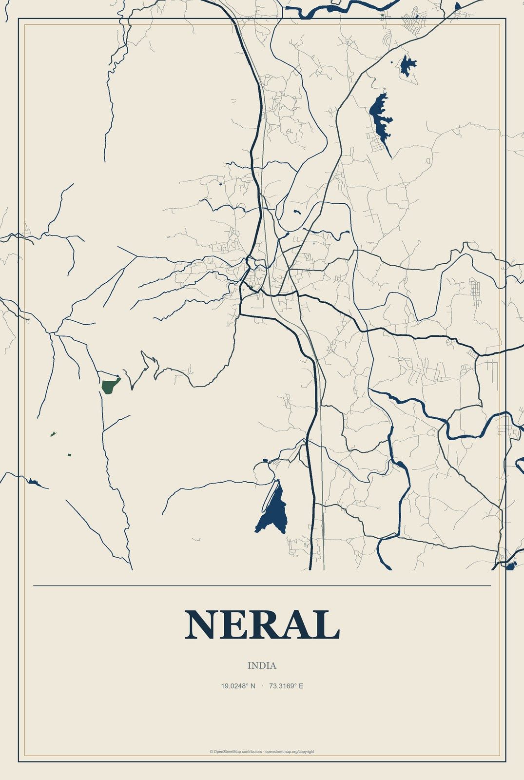 Neral, India City Map Aluminum Sign in Coastal Cutout style