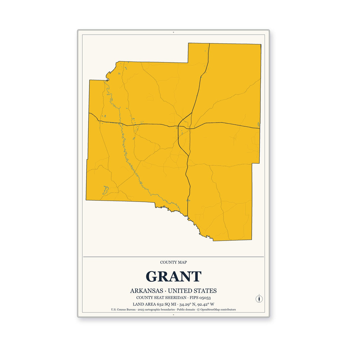 Grant County, Arkansas Map Aluminum Sign in Citrine Modern style