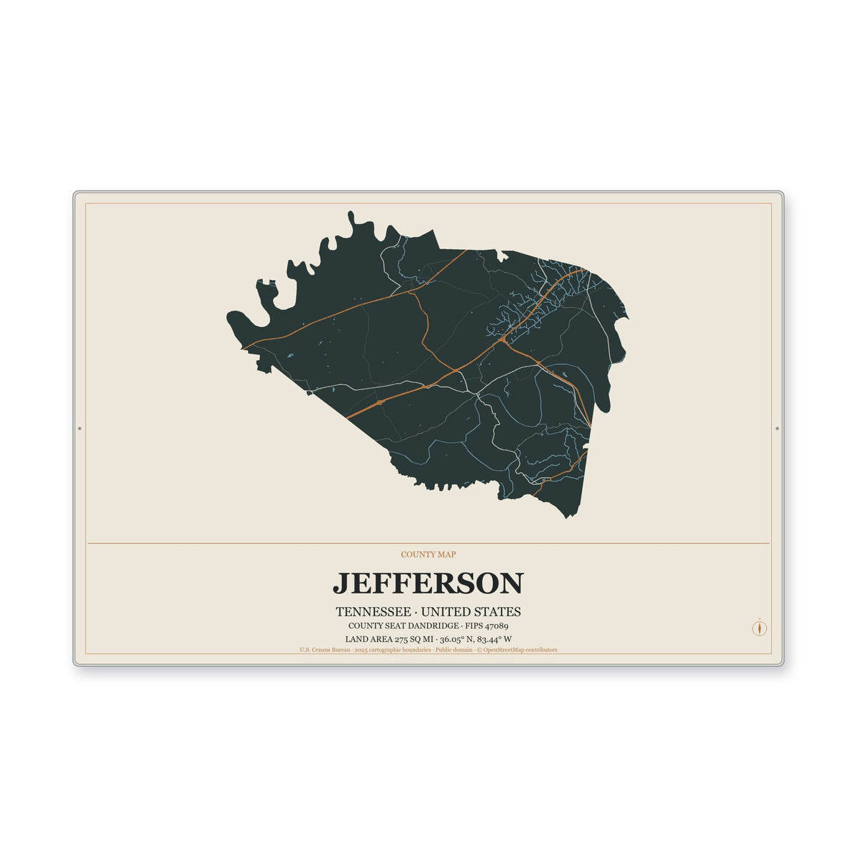 Jefferson County, Tennessee Map Aluminum Sign in Headline Atlas style