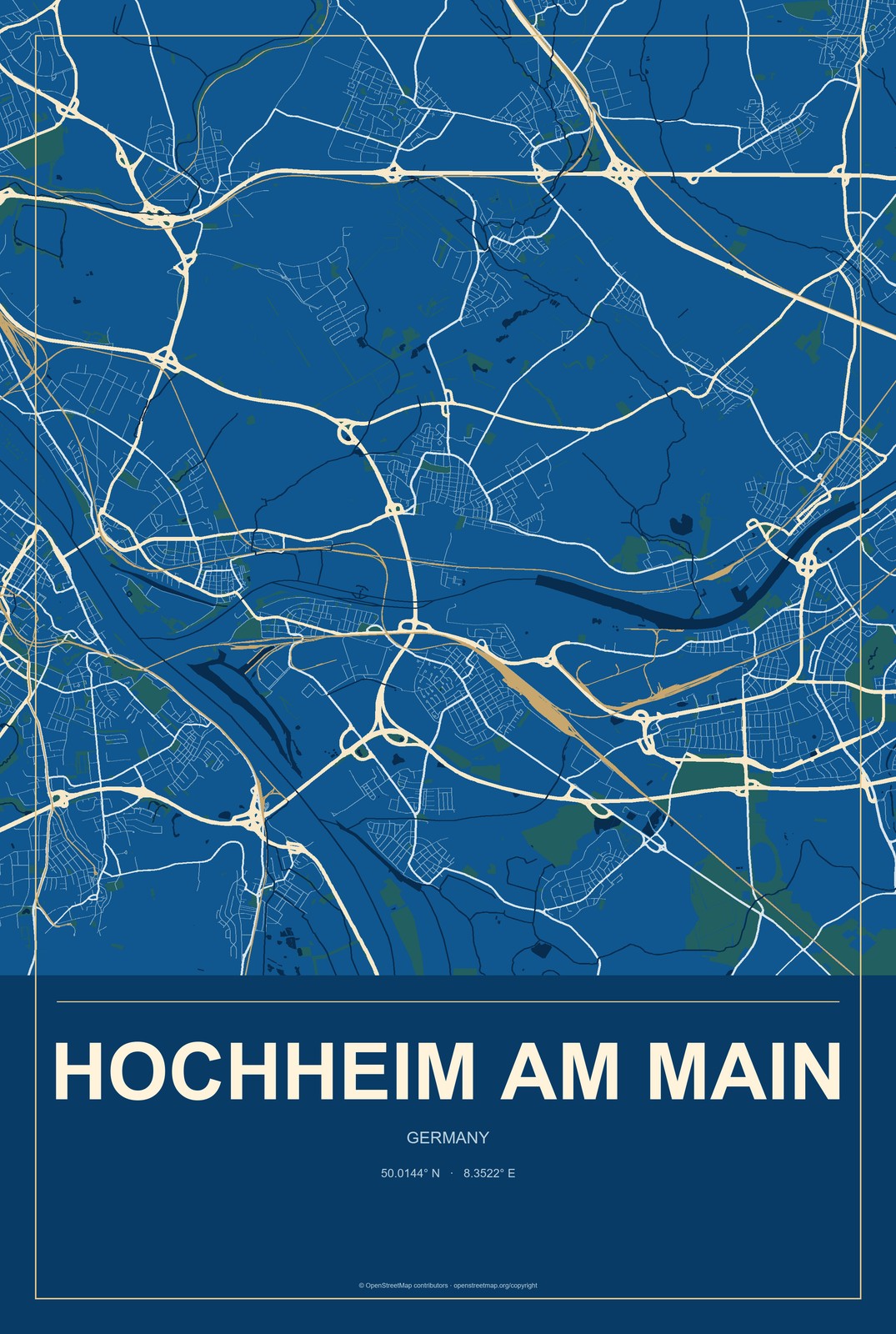 Hochheim am Main, Germany City Map Aluminum Sign in Harbor Cobalt style