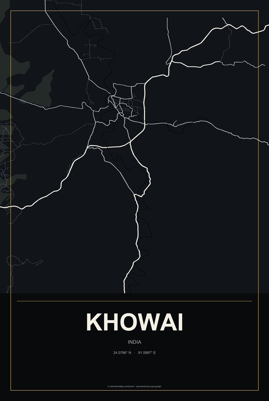 Khowai, India City Map Aluminum Sign in Metropolitan Noir style
