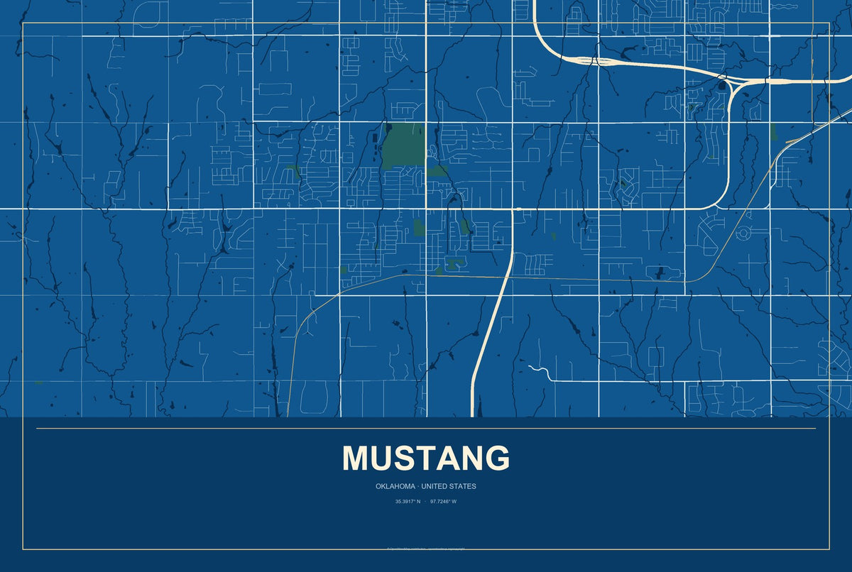 Mustang, Oklahoma City Map Aluminum Sign in Harbor Cobalt style