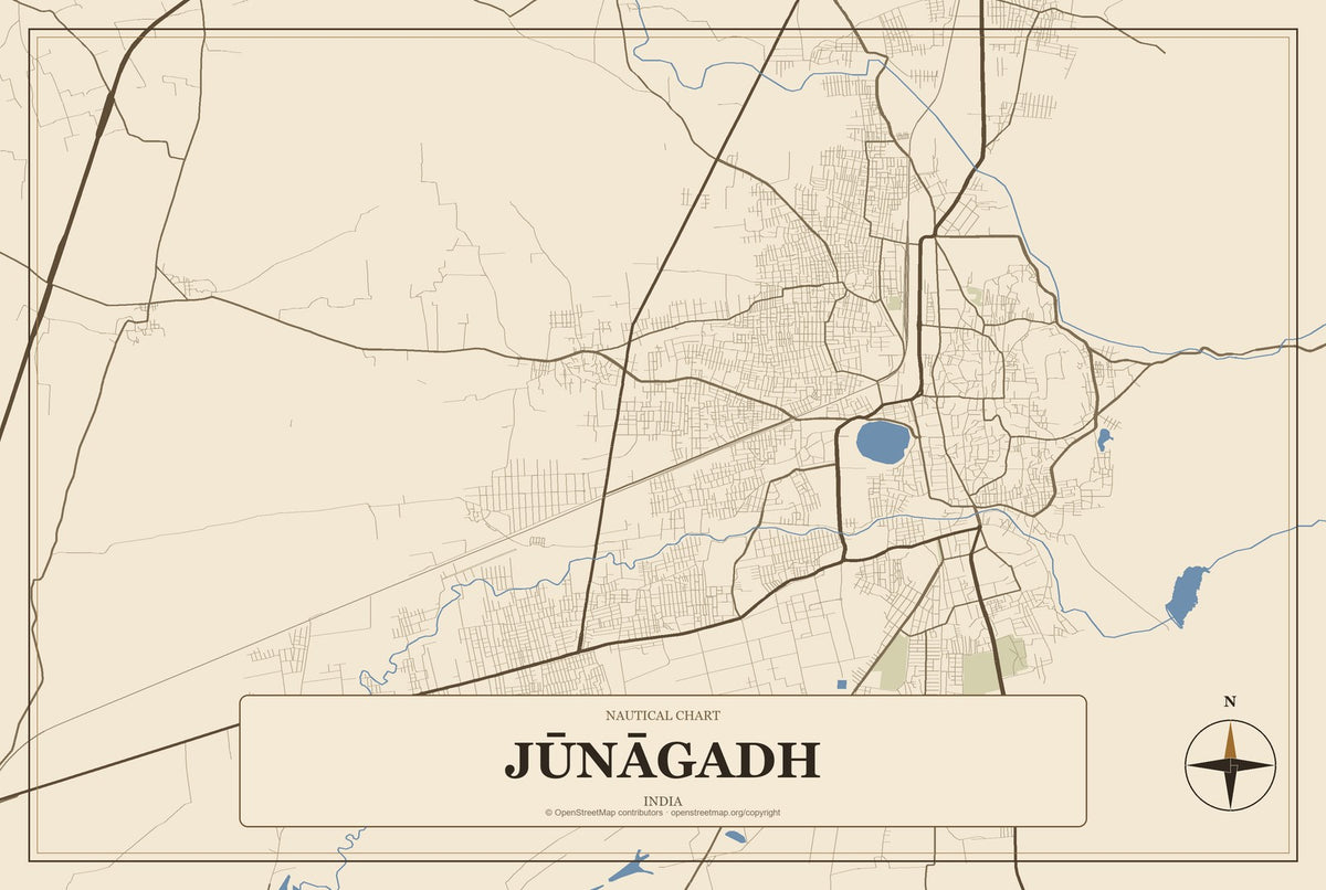 Jūnāgadh, India City Map Aluminum Sign in Heritage Nautical style