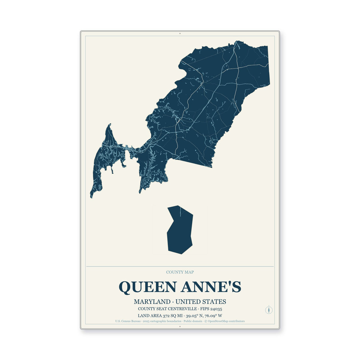 Queen Anne's County, Maryland Map Aluminum Sign in Coastal Cutout style