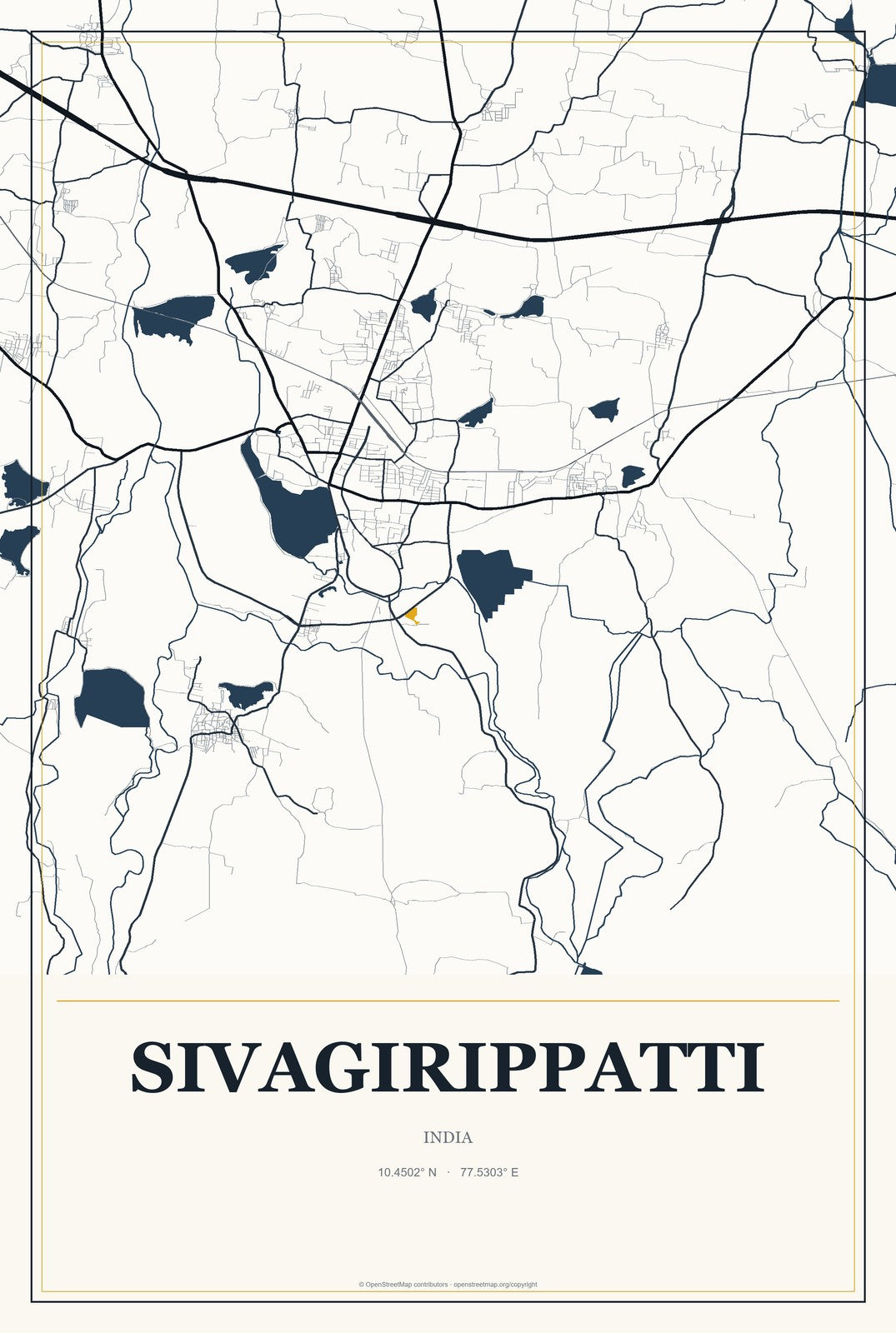 Sivagirippatti, India City Map Aluminum Sign in Citrine Modern style