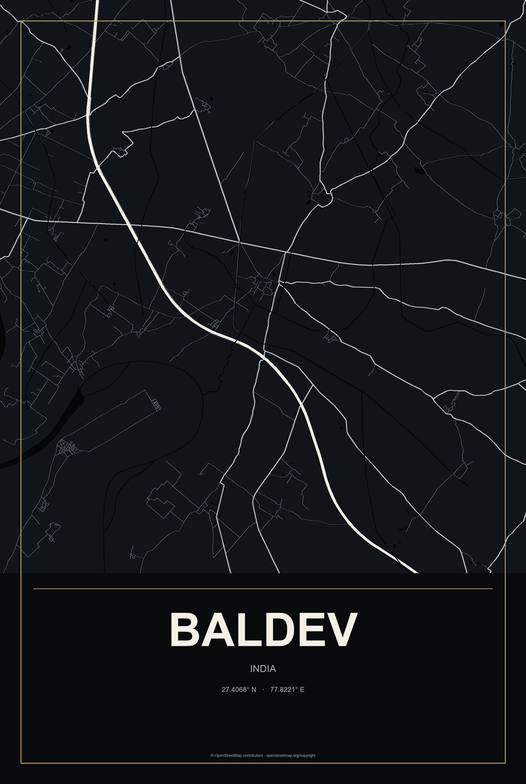 Baldev, India City Map Aluminum Sign in Metropolitan Noir style