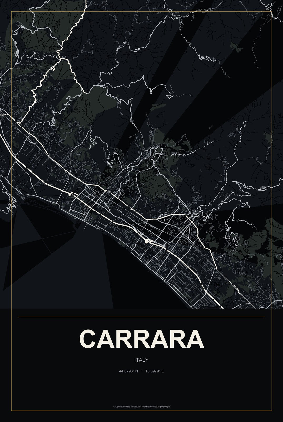Carrara, Italy City Map Aluminum Sign in Metropolitan Noir style