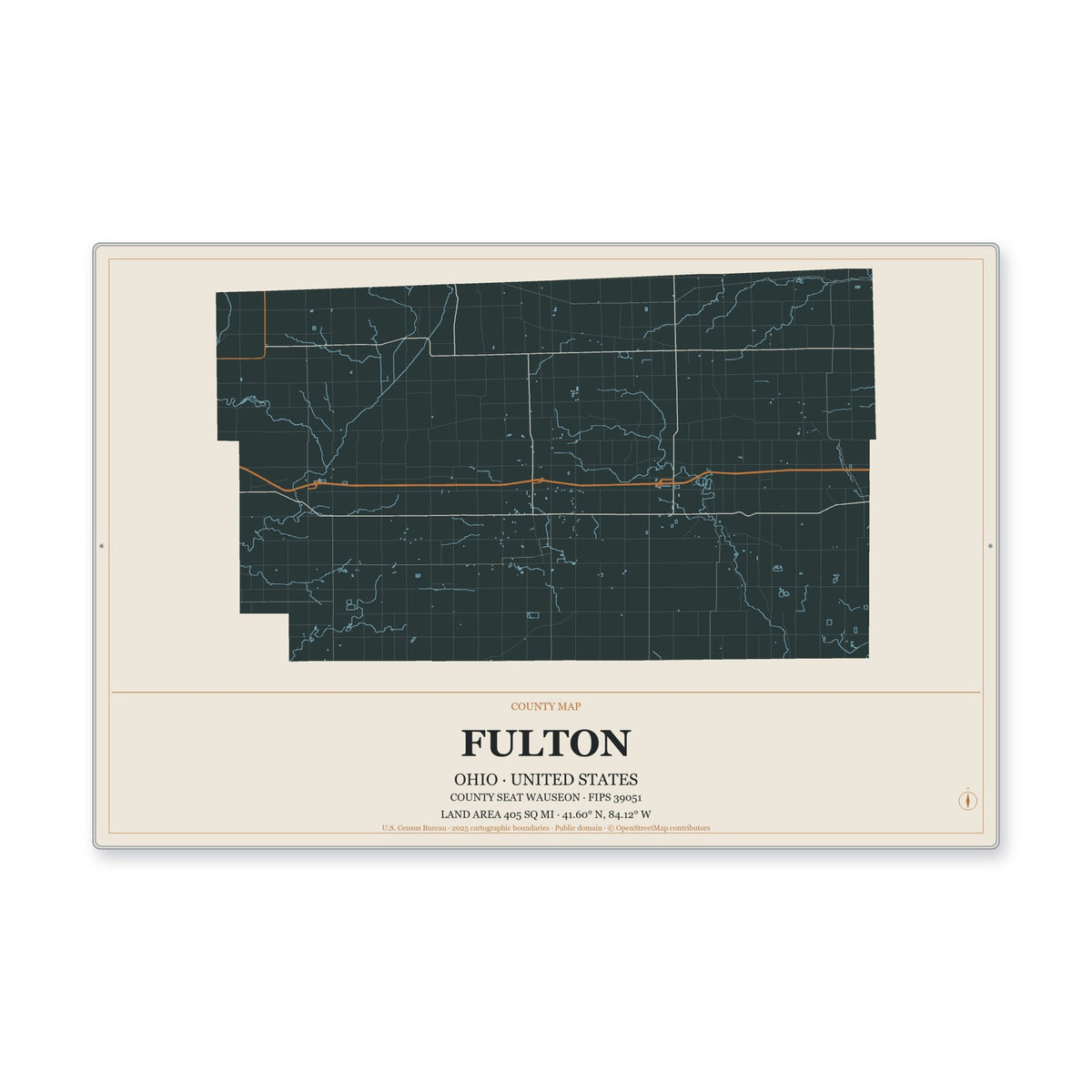 Fulton County, Ohio Map Aluminum Sign in Headline Atlas style