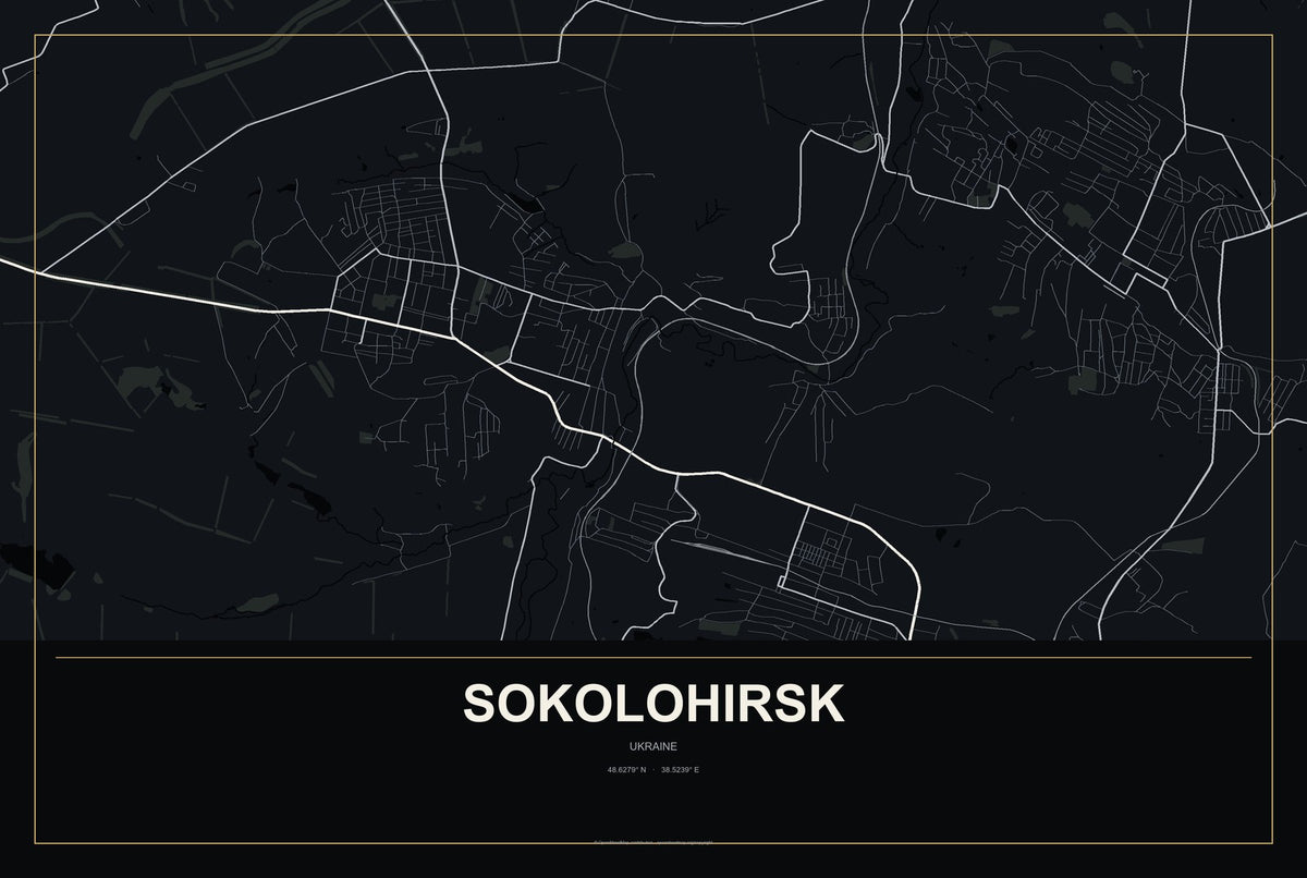 Sokolohirsk, Ukraine City Map Aluminum Sign in Metropolitan Noir style