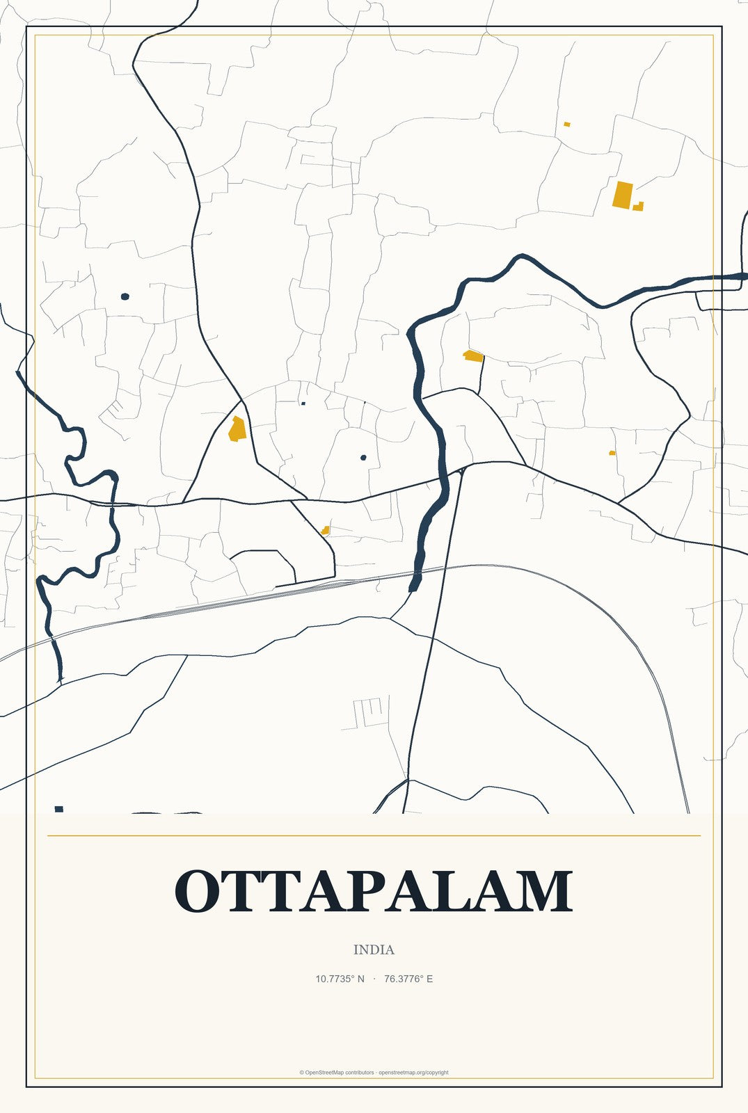 Ottapalam, India City Map Aluminum Sign in Citrine Modern style